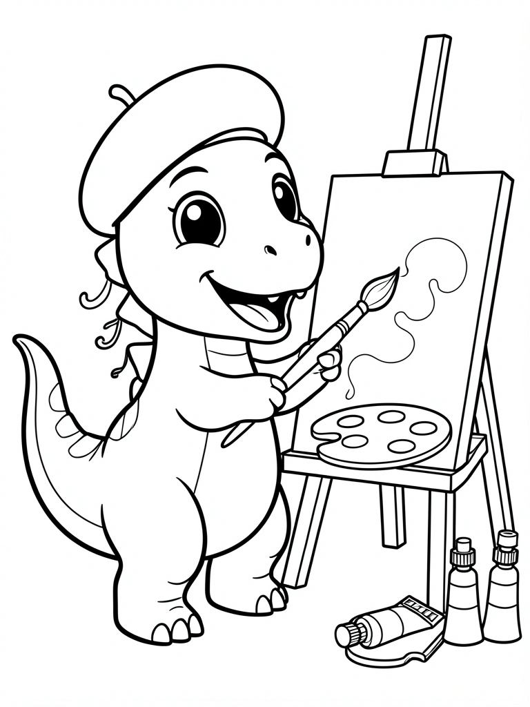 Linhas pretas nítidas sobre fundo branco: dinossauro bebê sorrindo com boina e pincel em frente a cavalete, paleta e tubos de tinta.