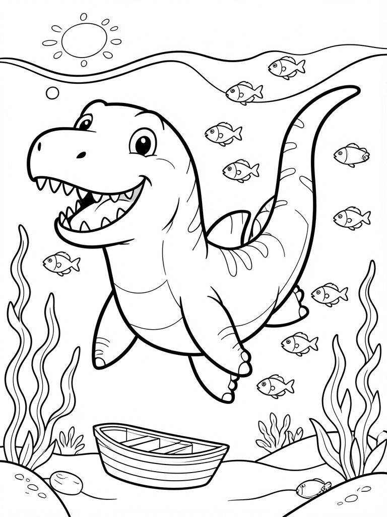 Desenho em preto e branco de um Mosassauro sorrindo com dentes afiados, nadando entre ondas e algas, com peixes pequenos e um barco ao fundo.