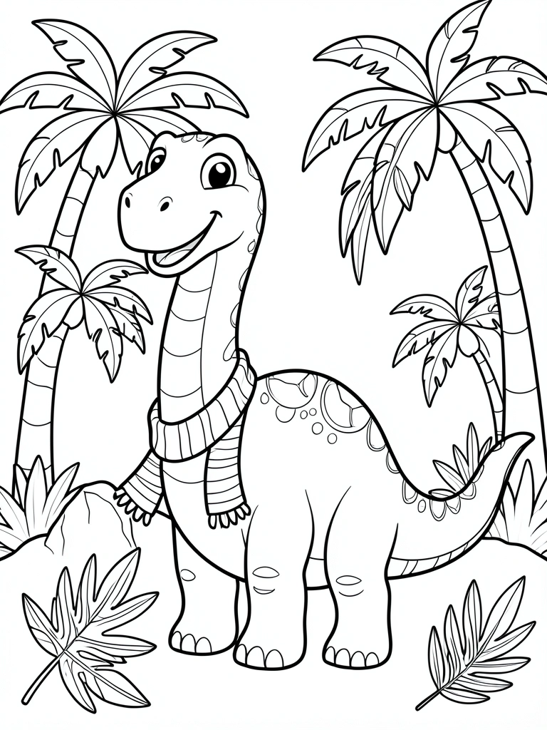 Dinossauro cartunesco com lenço listrado, palmeiras e rochas em preto e branco, estilo página de colorir.