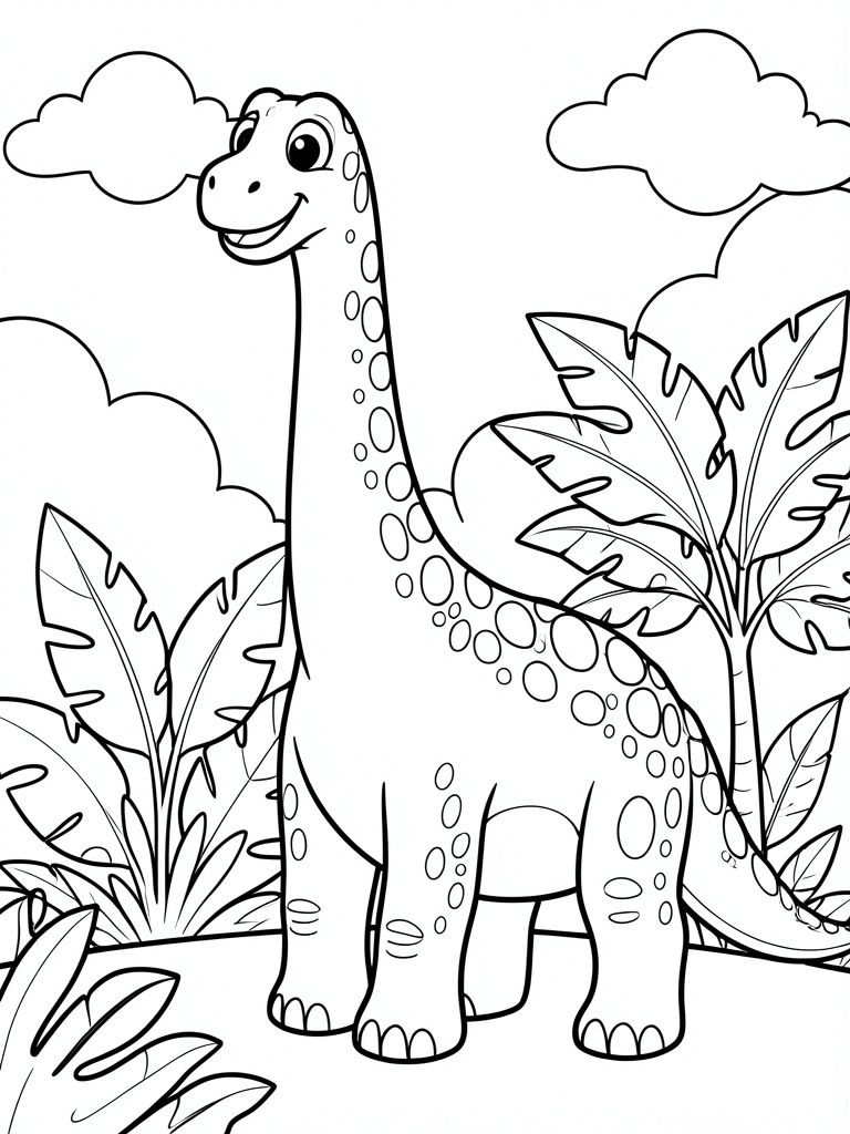 Desenho em preto e branco de um braquiossauro sorridente com bolinhas no corpo, nuvens e uma planta tropical de folhas grandes.