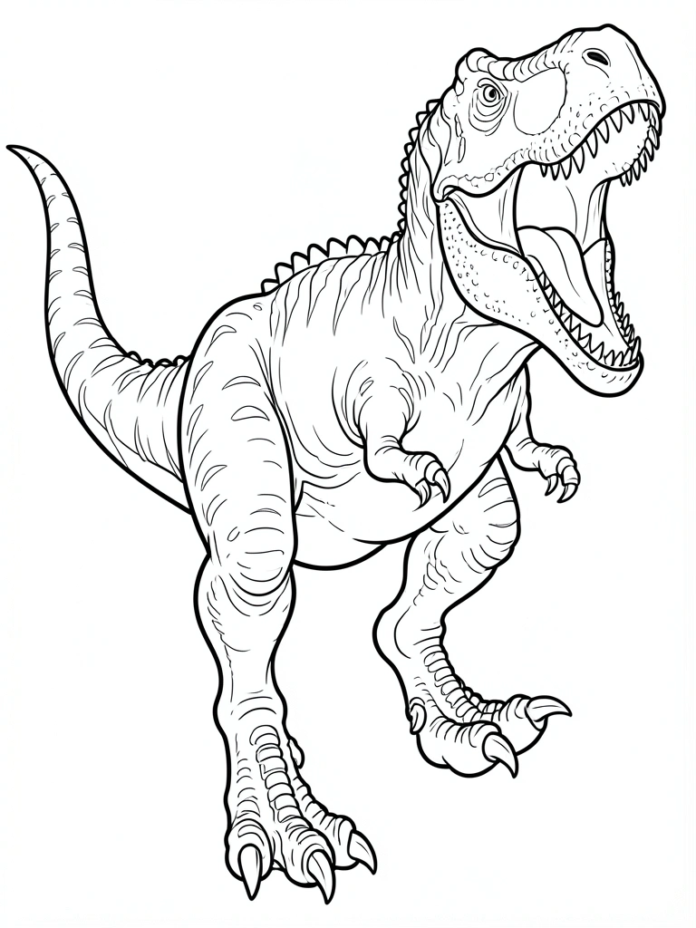 Tiranossauro Rex em traços pretos grossos sobre fundo branco, boca aberta com dentes afiados, patas musculosas e cristas nas costas.