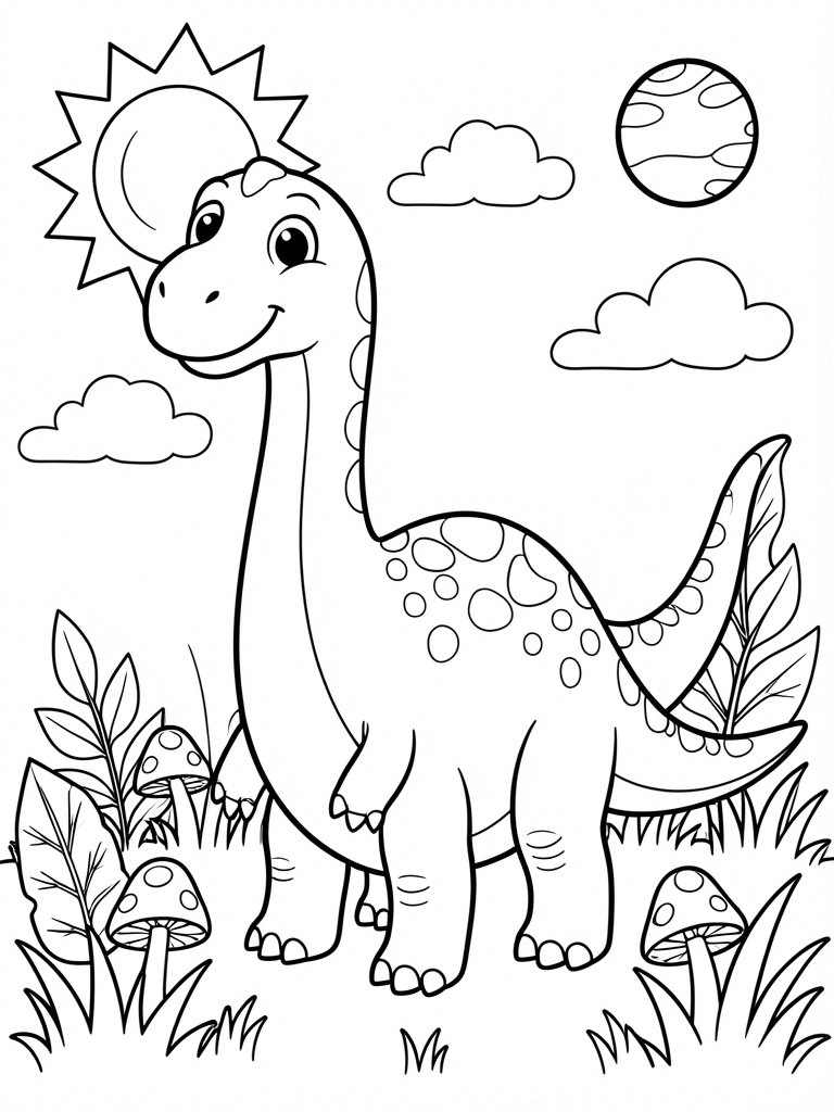 Desenho em preto e branco de dinossauro cartunesco com pescoço longo, manchas e escamas, em campo com grama, sol, nuvens, folhas e cogumelos.