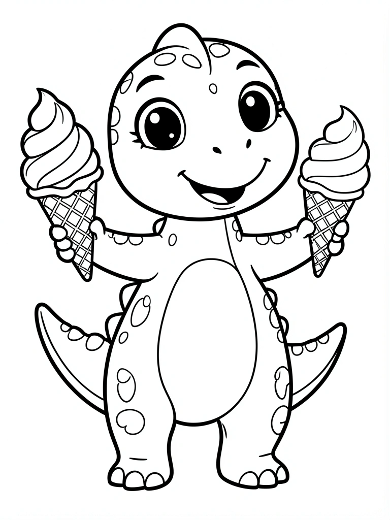 Bebê dinossauro cartum segurando sorvete de casquinha, traços pretos grossos, fundo branco puro.