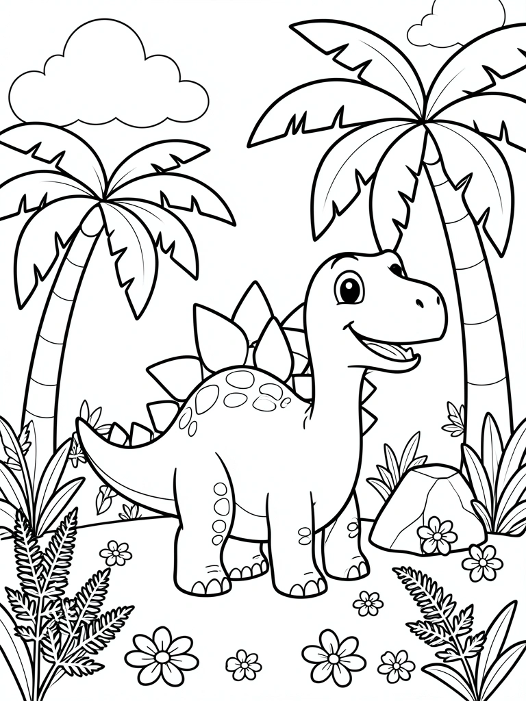 Desenho em preto e branco de dinossauro cartunesco com espinhos nas costas e sorriso, cercado por palmeiras, rocha, flores, samambaias e nuvens fofas.