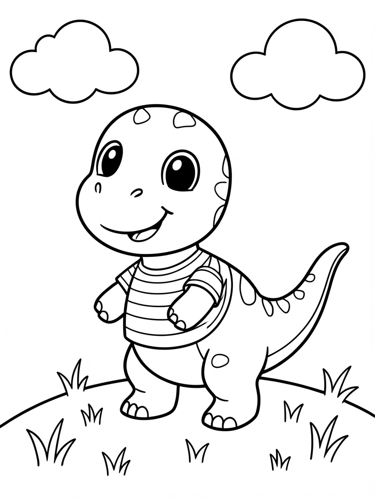 Bebê dinossauro sorrindo listrado em colina com nuvens, arte linear preto e branco.