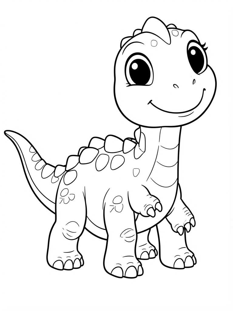 Bebê dinossauro sorridente em preto e branco, com olhos grandes, escamas arredondadas e cauda longa, traços limpos, fundo branco puro.