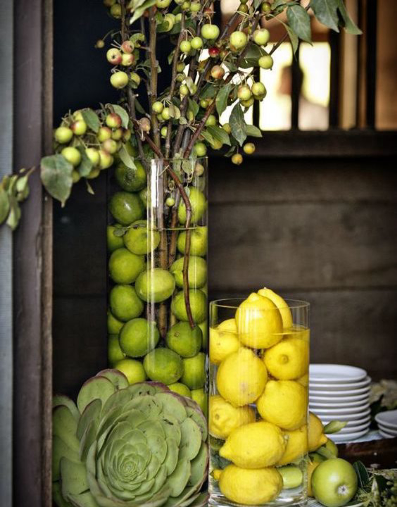 decoração mesa frutas virada