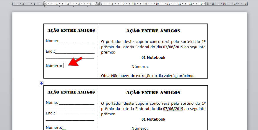 rifa editável com canhoto word