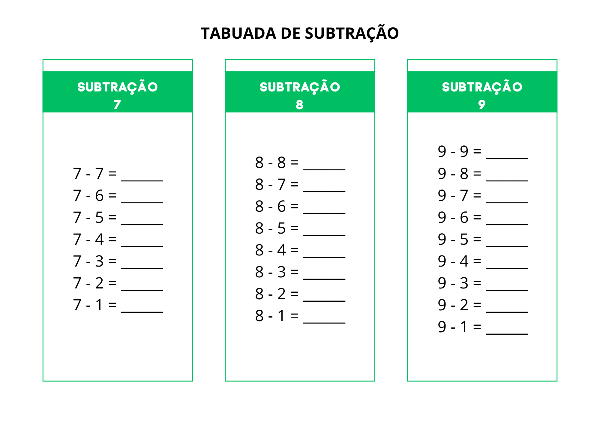 tabuada de subtrair para imprimir